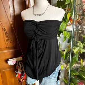 Y2K Women's Daytrip Black Ruched Tube Top Front Tie Cinched Busty Style Sz M
